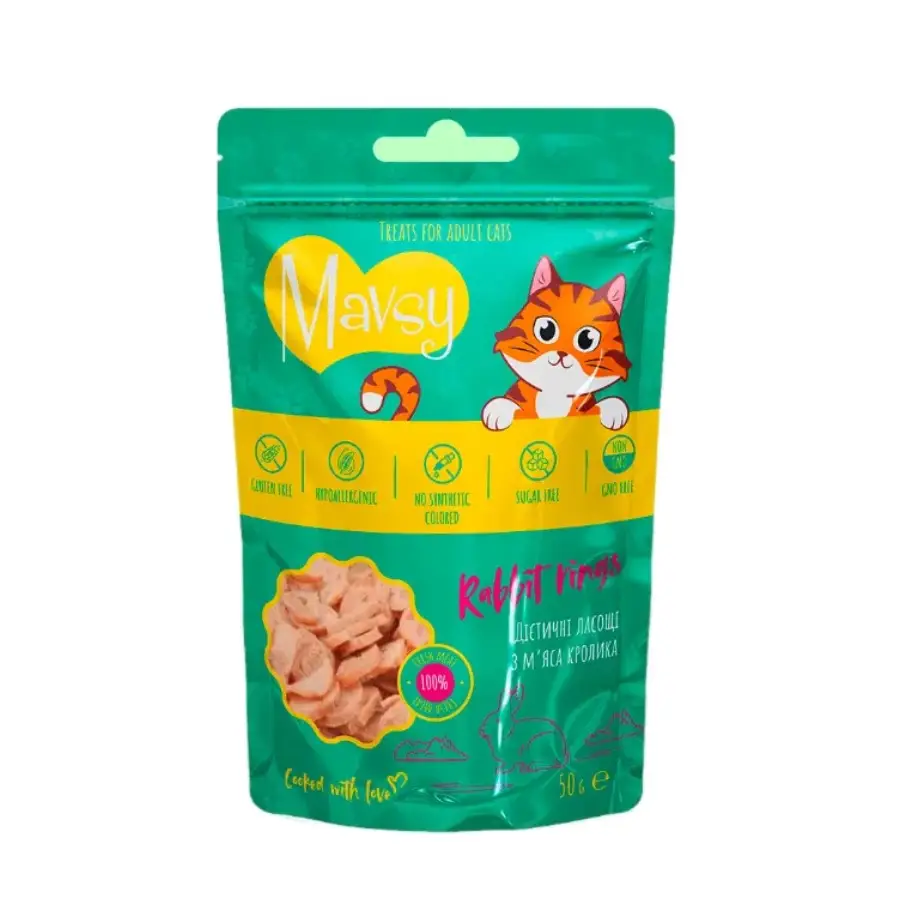Ласощі дієтичні для котів Mavsy RABBIT rings з м'яса кролика, 50 г