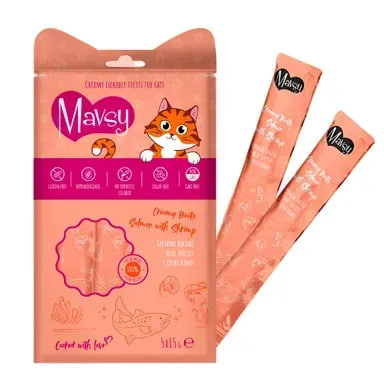 Ласощі кремові для котів Mavsy CREAMY LICKABLE TREATS SALMON WITH SHRIMP з філе лосося та креветками, 15 г (5 шт)