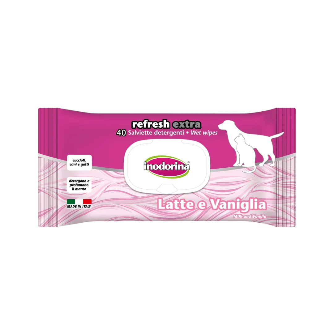 Серветки вологі для собак і котів Inodorina Refresh Extra Milk & Vanilla з молоком та ваніллю, 40 шт