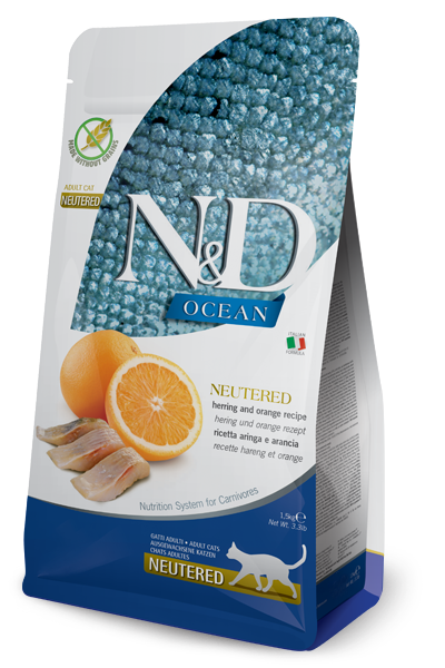 Беззерновий сухий корм Farmina N&D Ocean Herring&Orange Neutered для стерилізованих котів, з оселедцем та апельсином, 1.5 кг