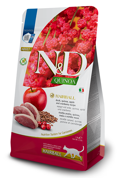 Сухий беззерновий корм Farmina N&D Quinoa Hairball ADULT для котів виведення шерсті з качкою, кіноа, яблуко та журавлина 300 гр