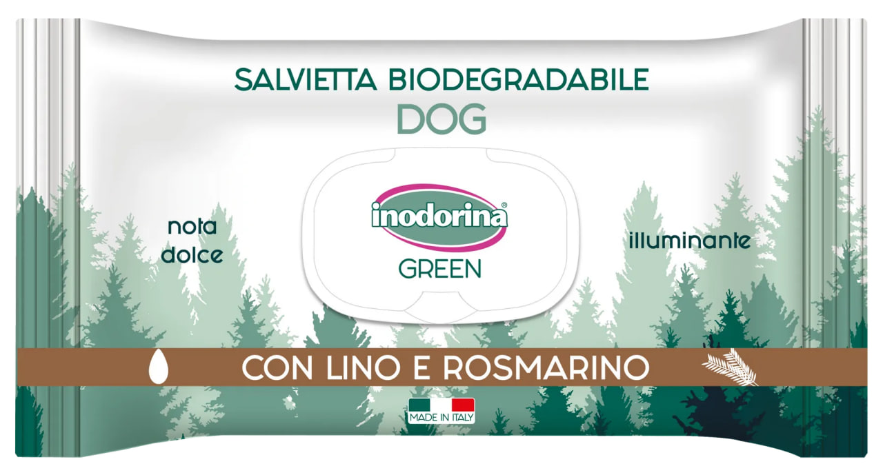Серветки вологі для собак біорозкладні Inodorina Green Illuminante з розмарином, 30 шт