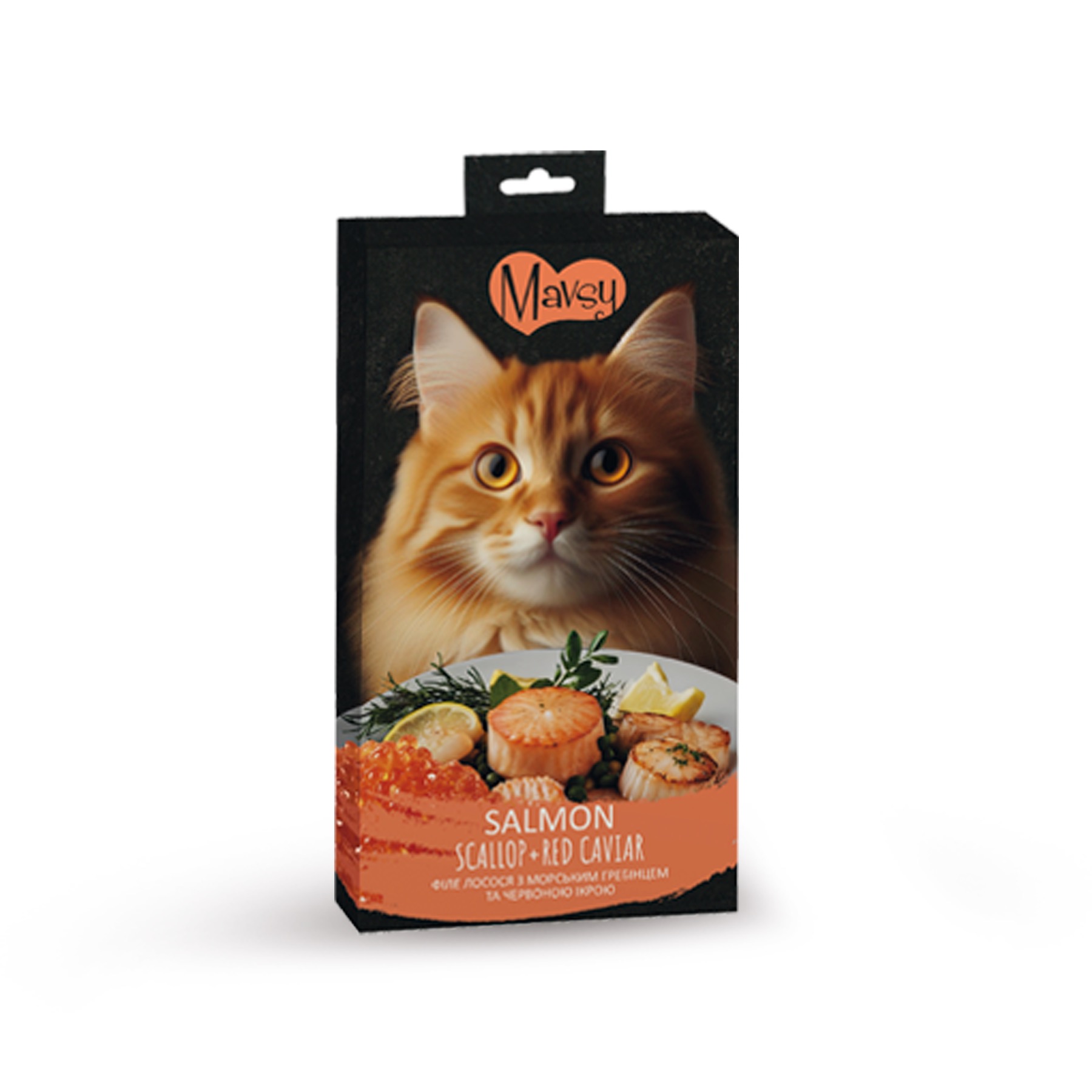 Ласощі кремові для котів Mavsy-Creamy Treats SALMON & SCALLOP & ROE у вигляді кремоподібного пюре філе лосося з морським гребінцем та червоною ікрою, 15 г (5 шт)