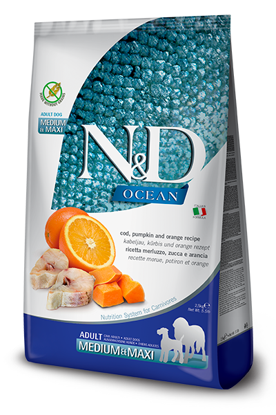 Беззерновий сухий корм Farmina N&D Grain Free OCEAN PUMPKIN для собак середніх та великих порід, з тріскою та апельсином, 2.5 кг