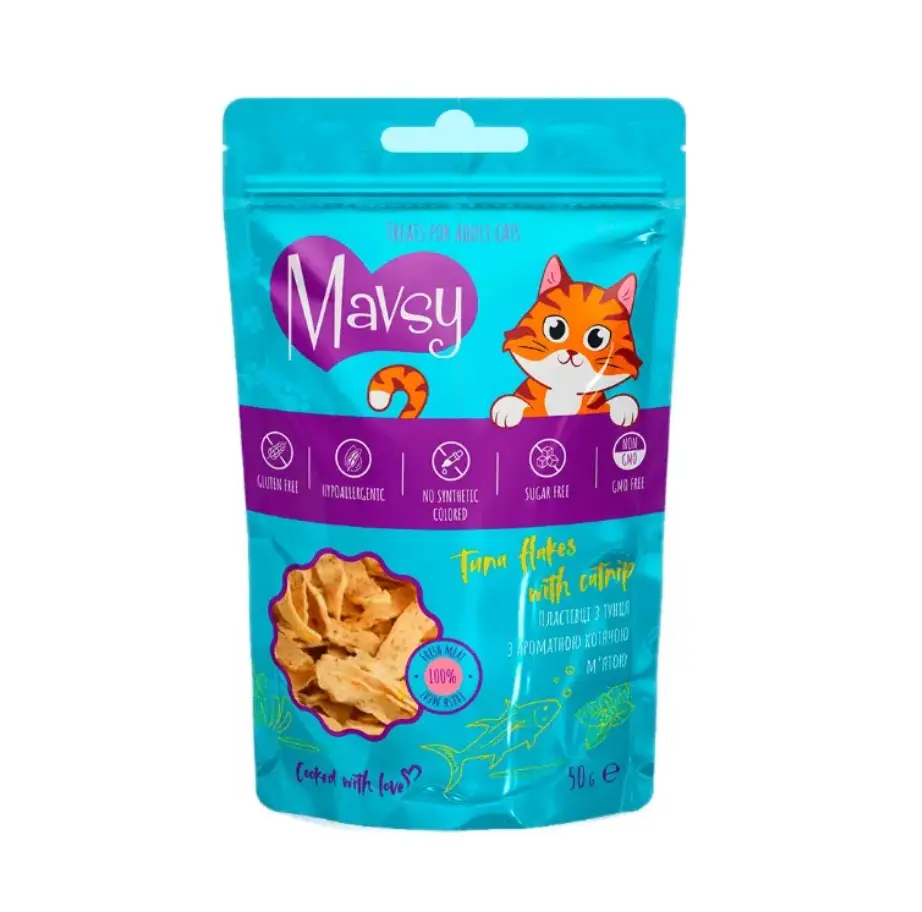 Ласощі пластівці для котів Mavsy TUNA flakes & CATNIP з тунця та котячою м'ятою, 50 г