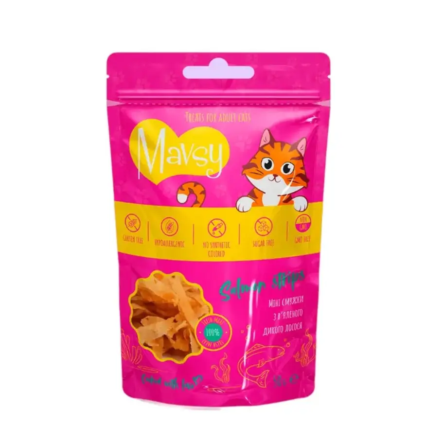 Ласощі мінісмужки для котів Mavsy SALMON strips з в’яленого дикого лосося, 50 г