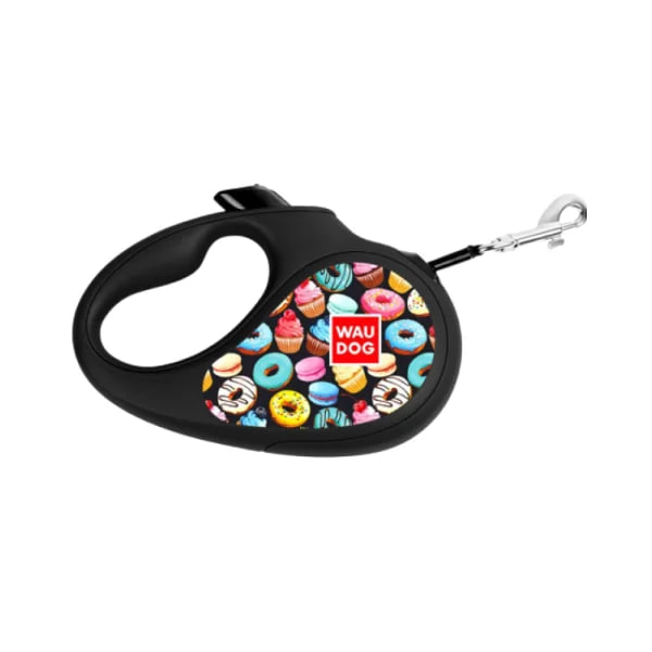 Повідець-рулетка для собак WAUDOG R-leash, малюнок "Пончики", M, до 25 кг, 5 м, світловідбиваюча стрічка