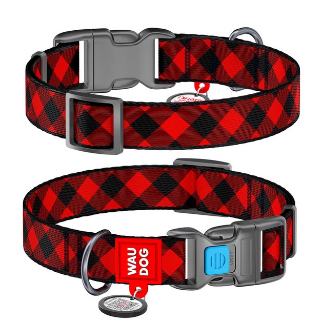 Нашийник нейлоновий WAUDOG Nylon з QR паспортом, малюнок "Шотландка червона", пластиковий фастекс, Ш 15 мм, Дов 23-35 см
