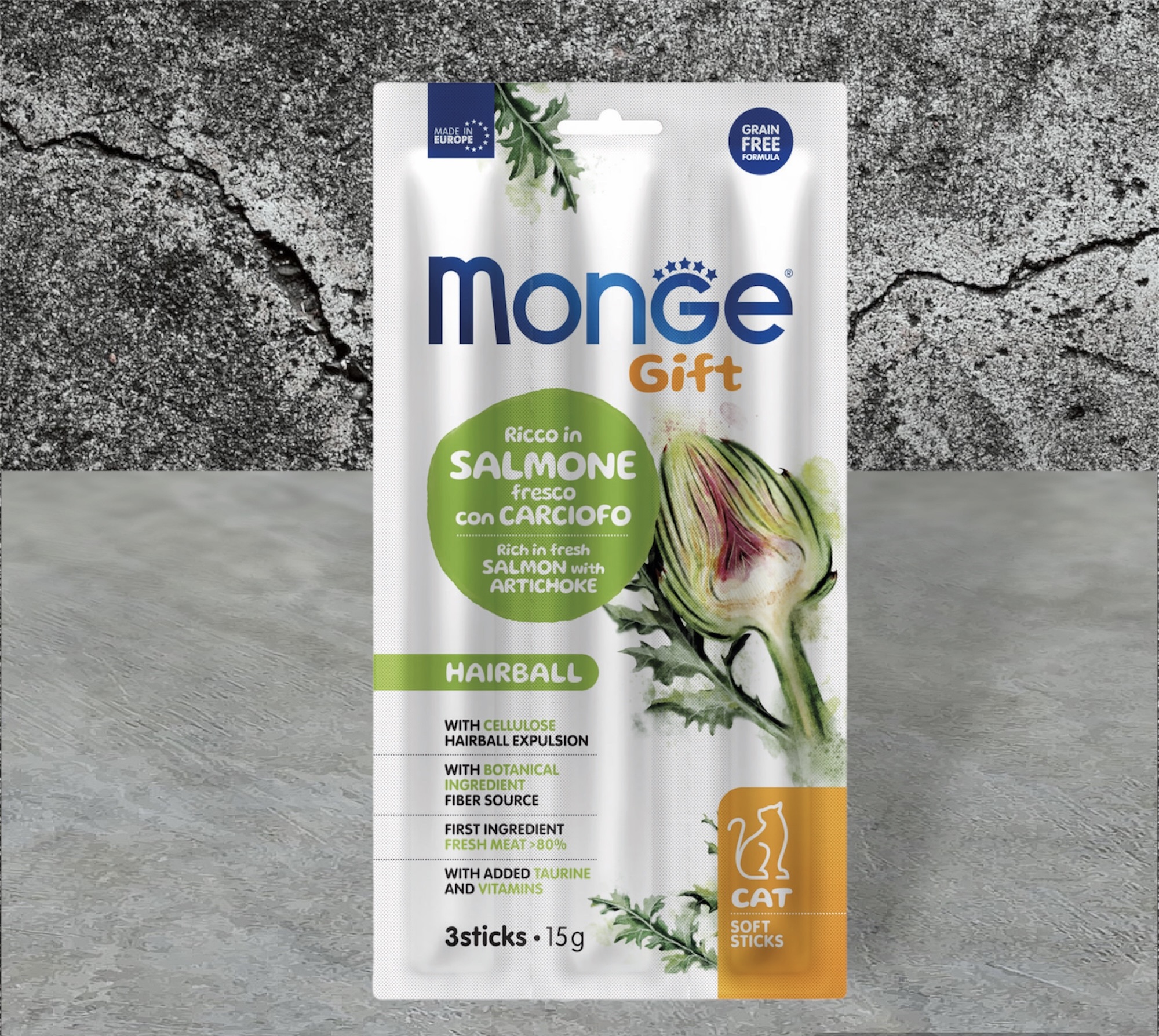 Палички Monge Gift для котів лосось з артишоком 3шт по 15г