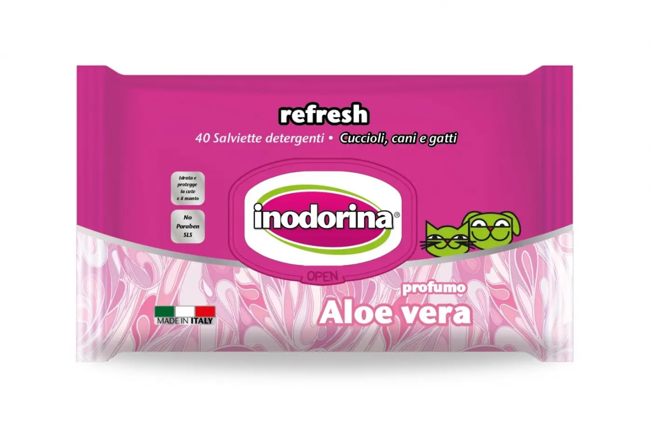Серветки вологі для собак і котів Inodorina Refresh Aloe vera з алое вера, 40 шт