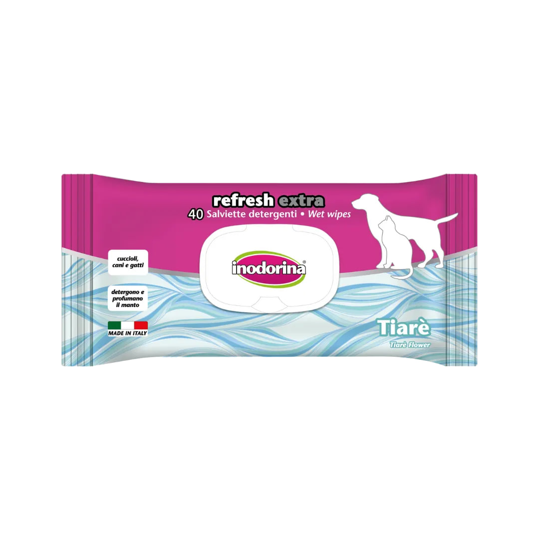 Серветки вологі для собак і котів Inodorina Refresh Extra Tiare Flower з екстрактом квітки тіаре, 40 шт