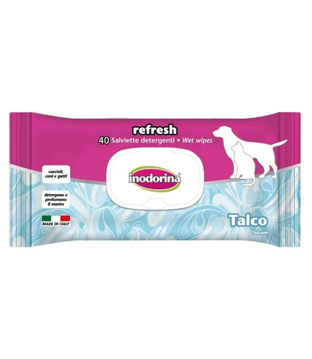 Серветки вологі для собак і котів Inodorina Refresh Talcum з тальком, 40 шт