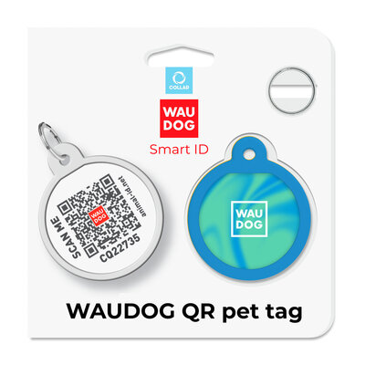 Адресник для собак і котів металевий WAUDOG Smart ID з QR паспортом, малюнок "Градієнт блакитний"